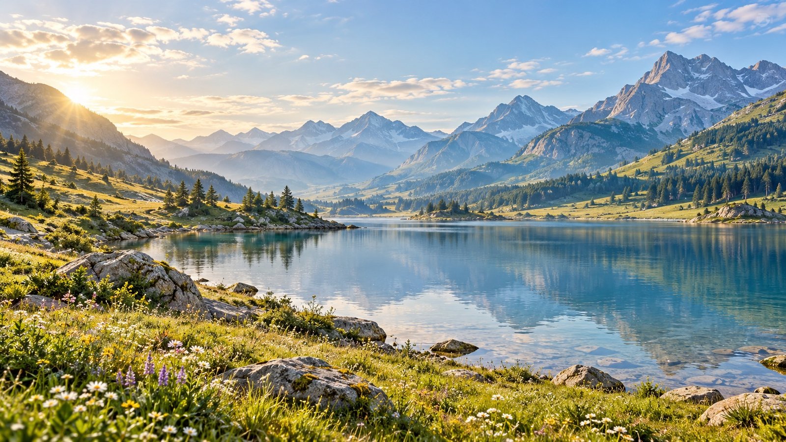 A sunlit meadow with wildflowers beside a blue lake, with mountains and an open sky beyond.