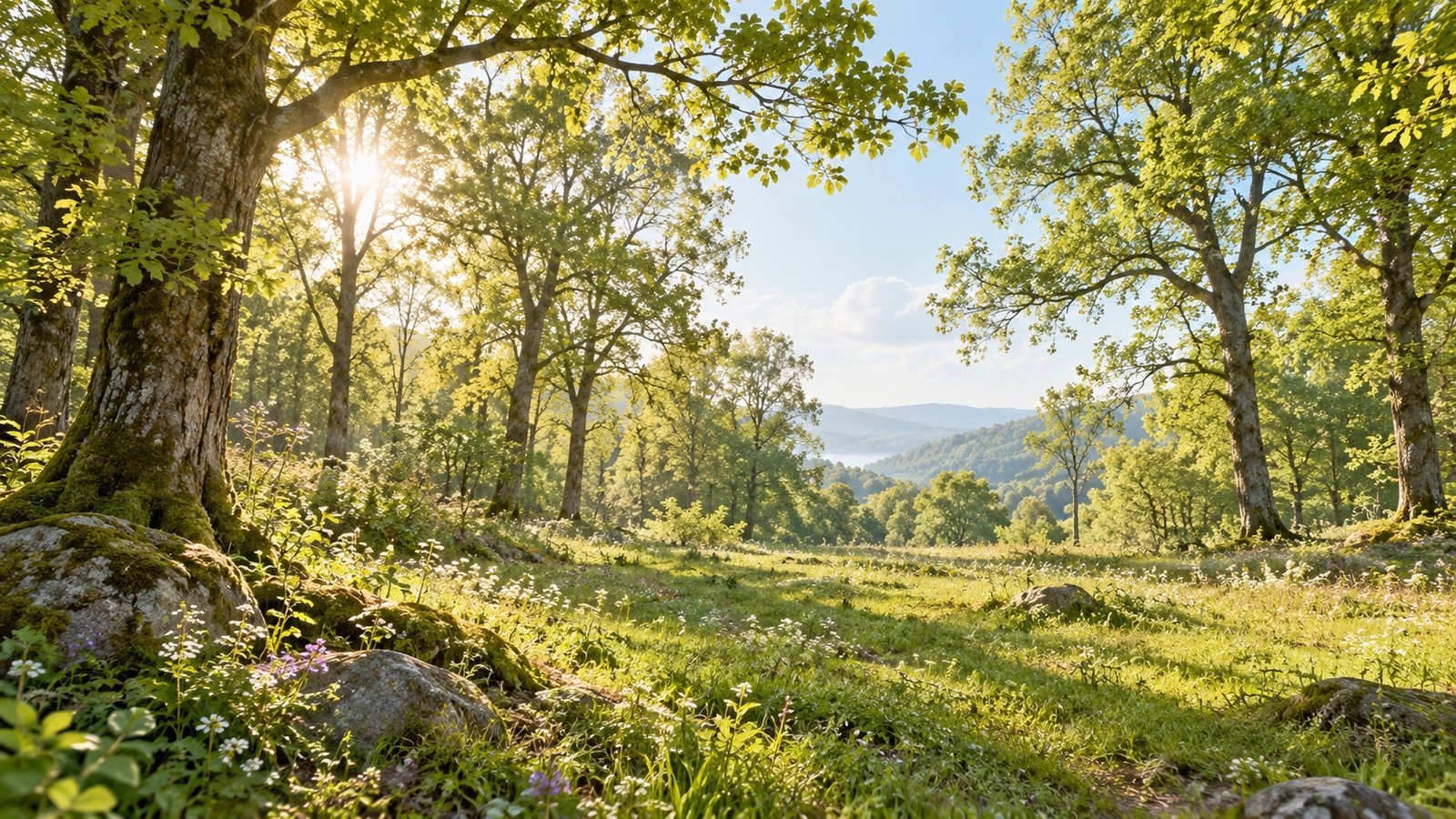 Morning sunlight falls through leafy trees onto an open grassy clearing with small wildflowers.
