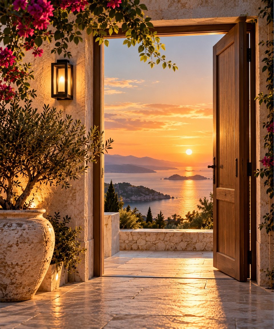 An open doorway frames a sunset over the sea, with a stone terrace, potted plant and flowering branches.