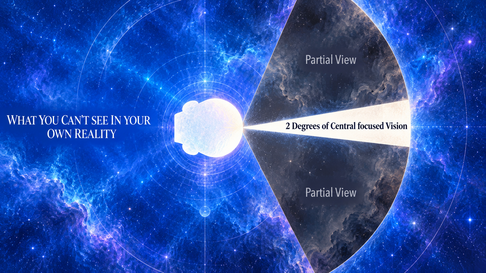 Diagram showing a central focused vision region labelled as approximately two degrees, with partial views beyond it.