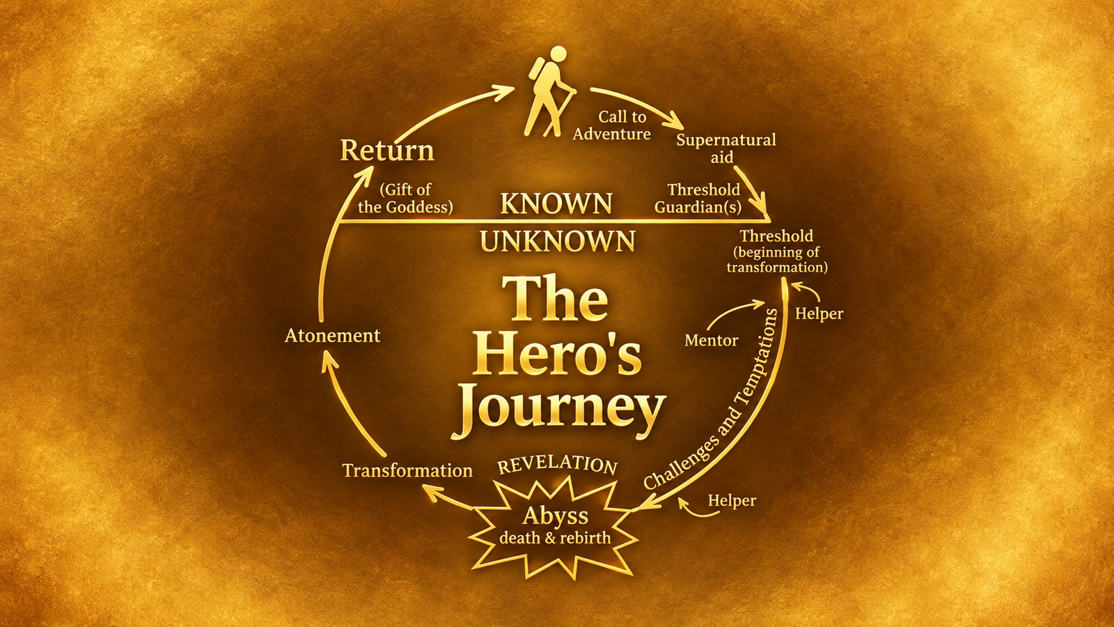 Golden diagram illustrating the Hero’s Journey from the Call to Adventure through the Abyss, Transformation and Return.