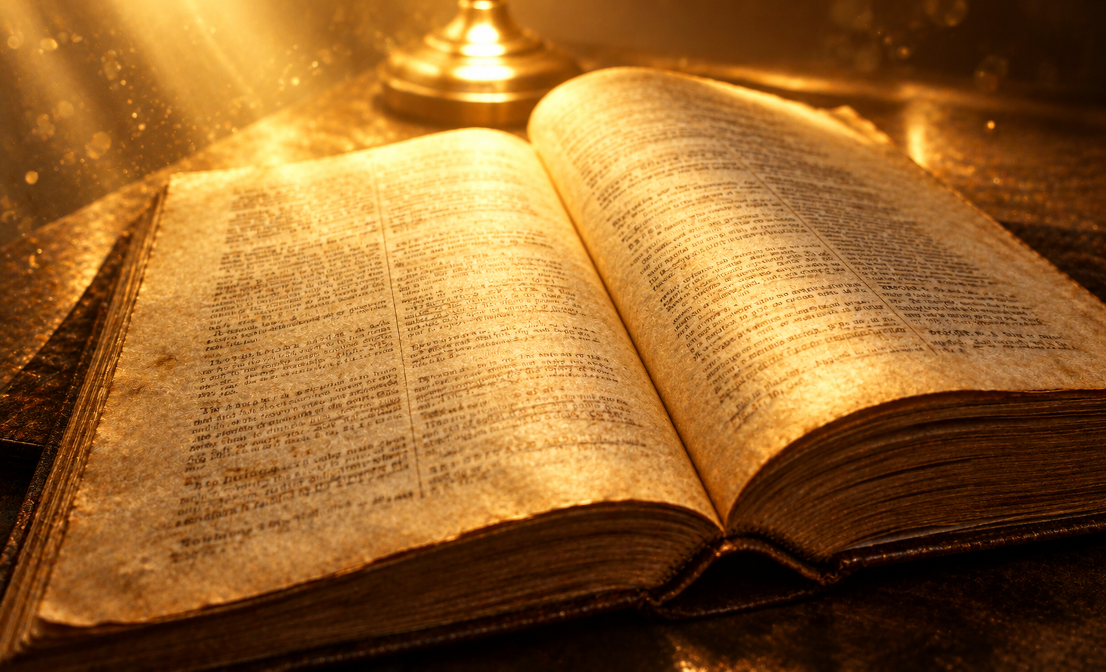 An ancient open book illuminated by warm golden light