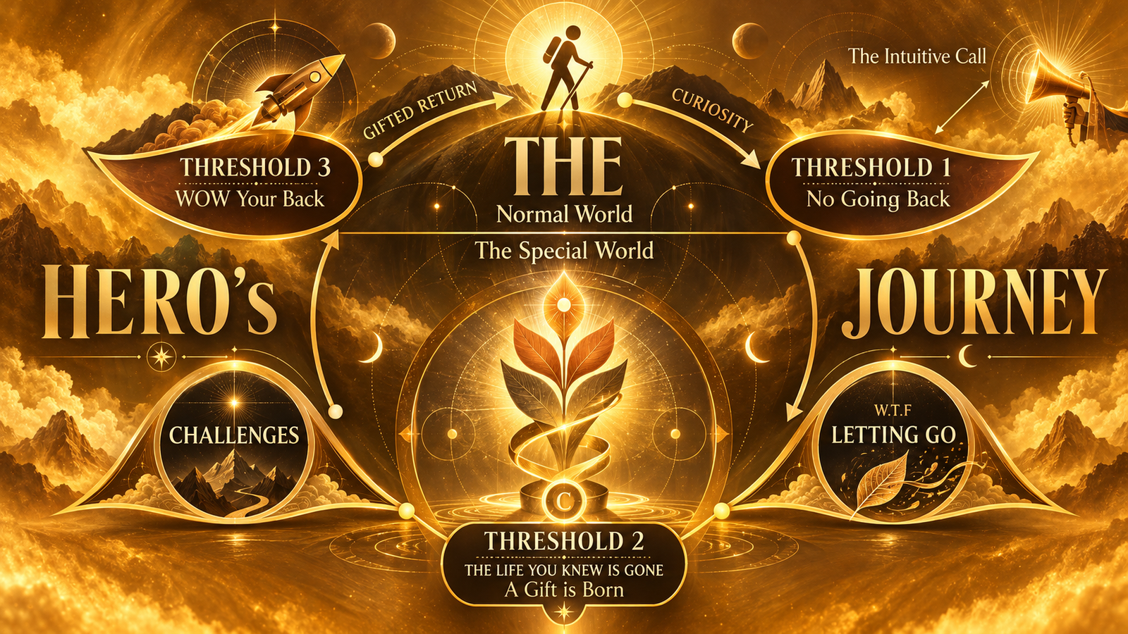 Golden Hero’s Journey diagram with threshold plaques, a circular journey path and a central feather emblem.