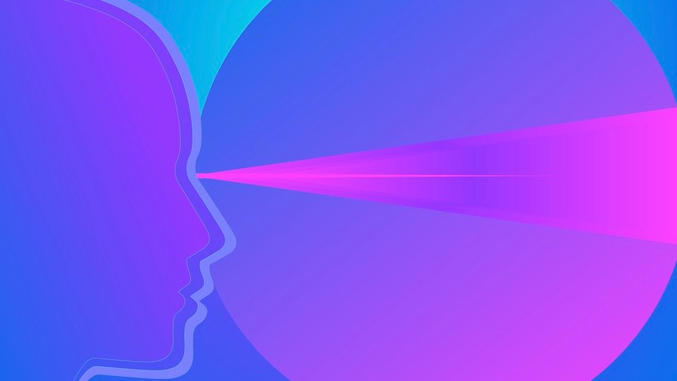 Transpersonal Image 01: An outlined head in profile sends a magenta triangular beam across a large blue and violet circle.