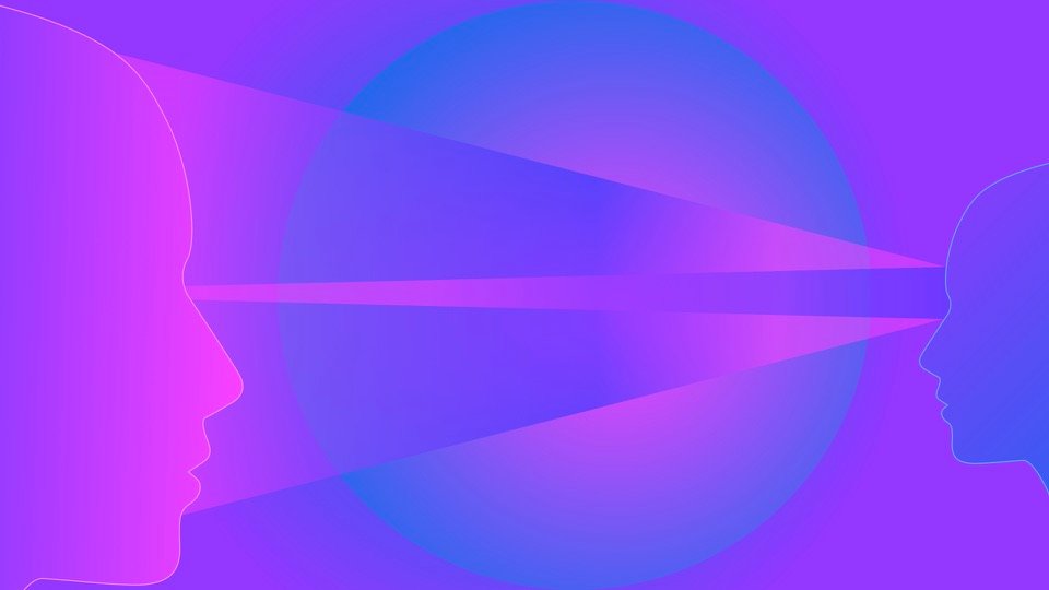 Transpersonal Image 02: Two head profiles face each other across overlapping violet circles and narrow pink beams.