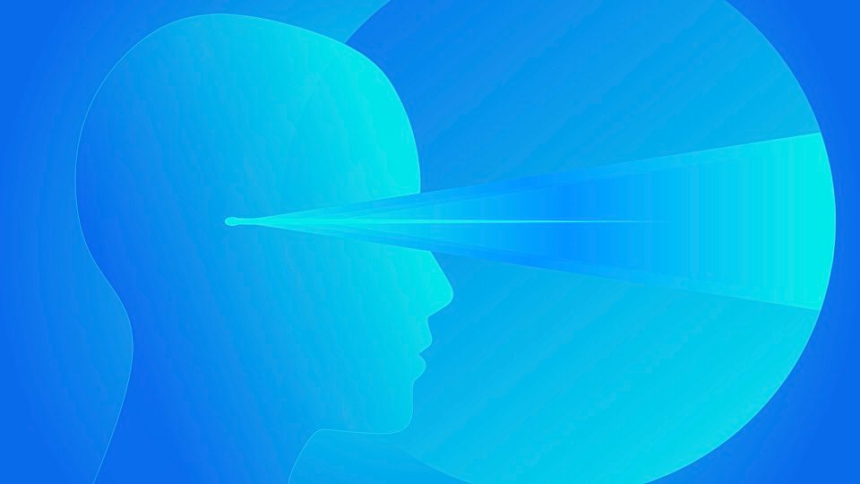 Transpersonal Image 03: A cyan head in profile sends a pale blue beam across a large turquoise circle.