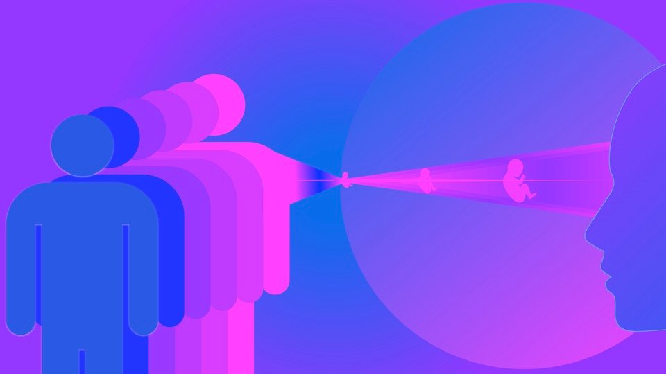 Transpersonal Image 04: Overlapping blue and pink human figures face a narrow beam leading toward a head profile on the right.