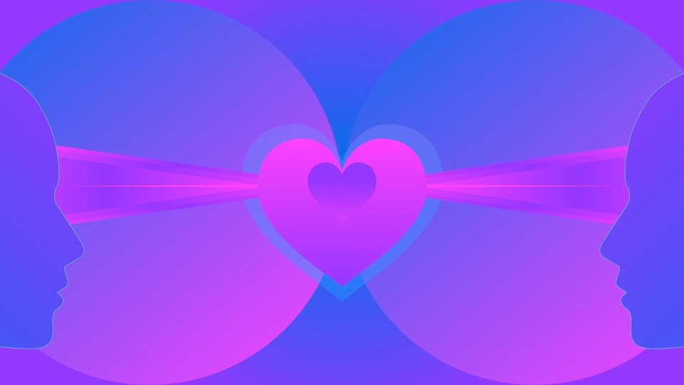 Transpersonal Image 06: Two facing head profiles project pink beams toward overlapping heart shapes at the centre.