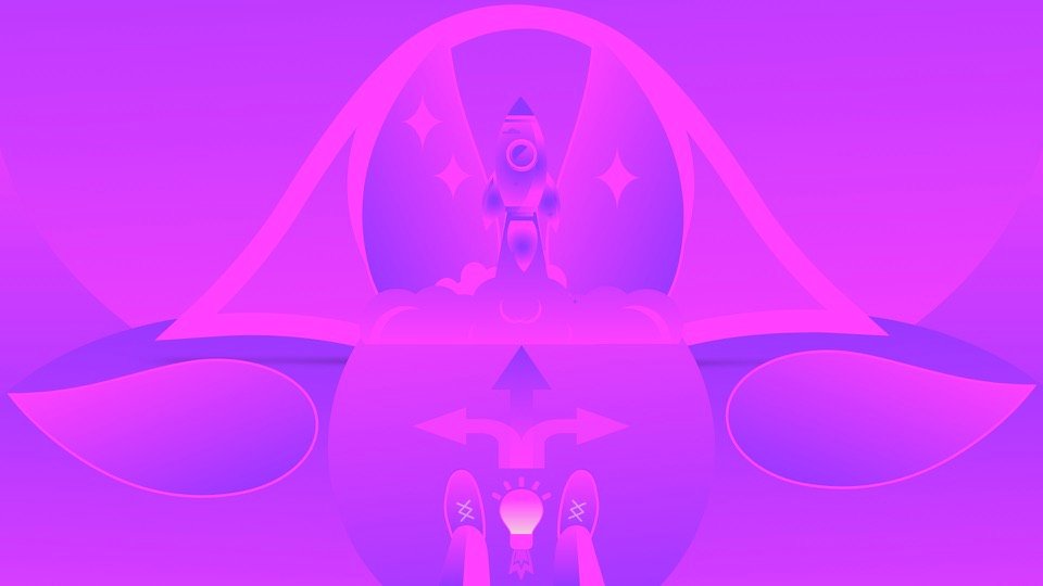Transpersonal Image 07: A large symmetrical head outline contains smaller human forms, arrows and repeated face shapes in pink and violet.