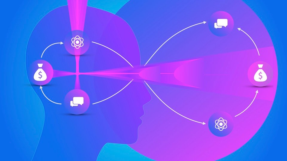 Transpersonal Image 11: A head profile overlaps circular arrows connecting atom symbols, speech bubbles and money bags, with a pink beam across the centre.
