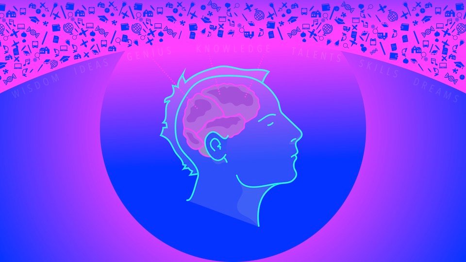 Transpersonal Image 12: A child’s outlined head sits inside a blue circle beneath a dense band of small pink symbols.