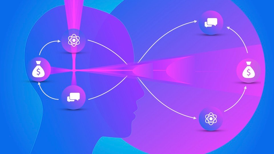 Transpersonal Image 15: Pink beams cross a head profile and looping arrows that connect atom, conversation and money symbols.