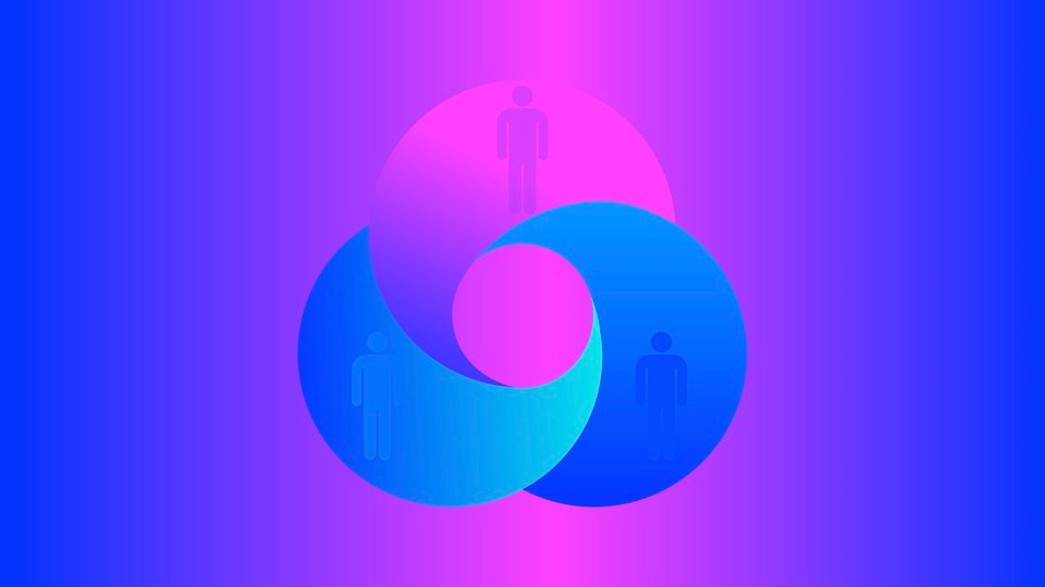 Transpersonal Image 22: Three interlocking curved shapes in pink, cyan and blue each contain a human silhouette.
