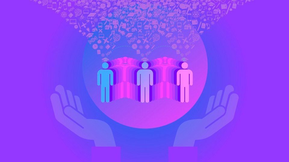 Transpersonal Image 25: Two open hands support a circle containing three figures and three classical columns, beneath a shower of small symbols.