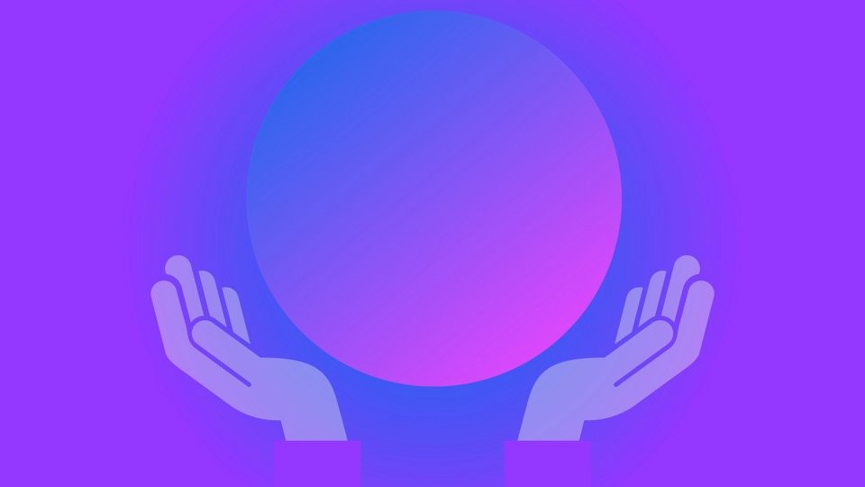 Transpersonal Image 26: Two open hands frame an empty violet and blue circle against a purple background.