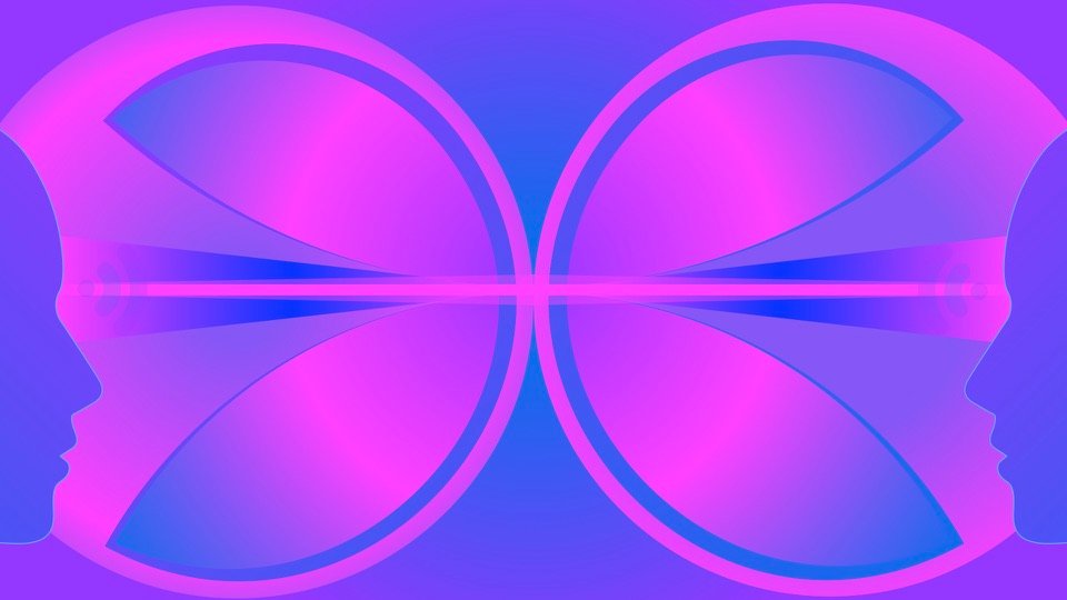 Transpersonal Image 28: Facing head profiles frame four large curved loops crossed by a narrow horizontal pink beam.