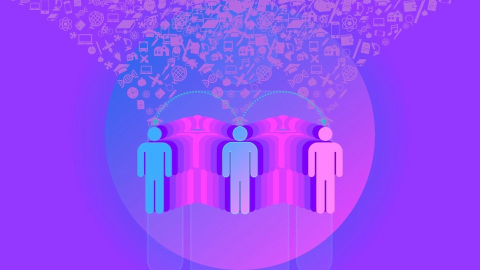 Transpersonal Image 29: Three human figures stand before pink classical columns inside a circle beneath a dense field of small symbols.