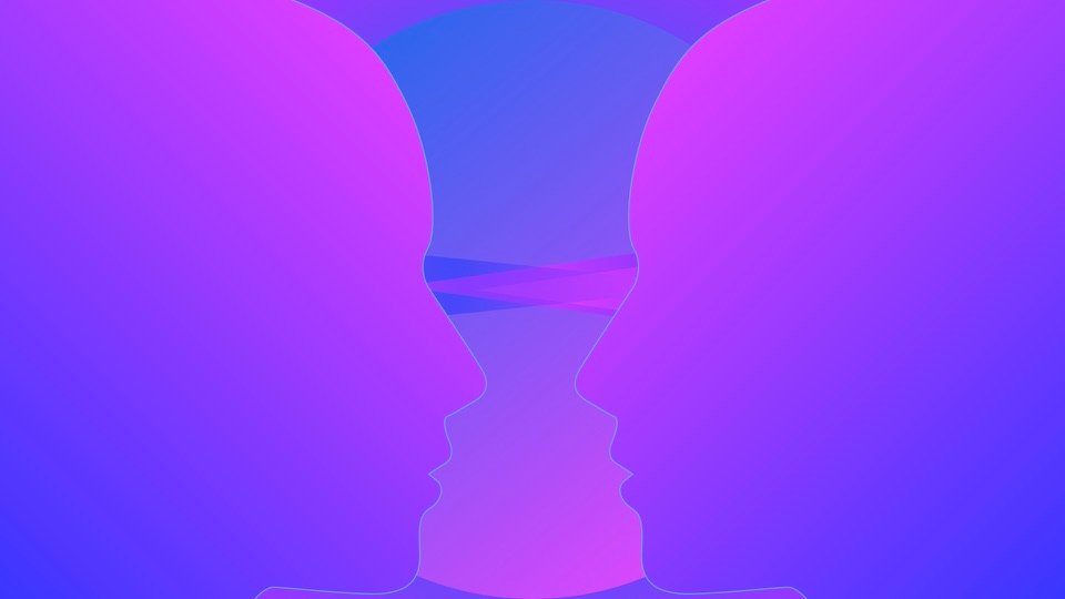 Transpersonal Image 30: Two large pink head profiles face each other across a small central blue and violet gap.