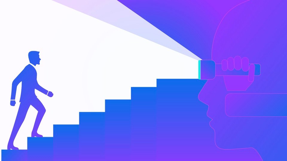 Transpersonal Image 32: A human figure climbs blue stairs toward a bright white beam from a projector held before a head profile.