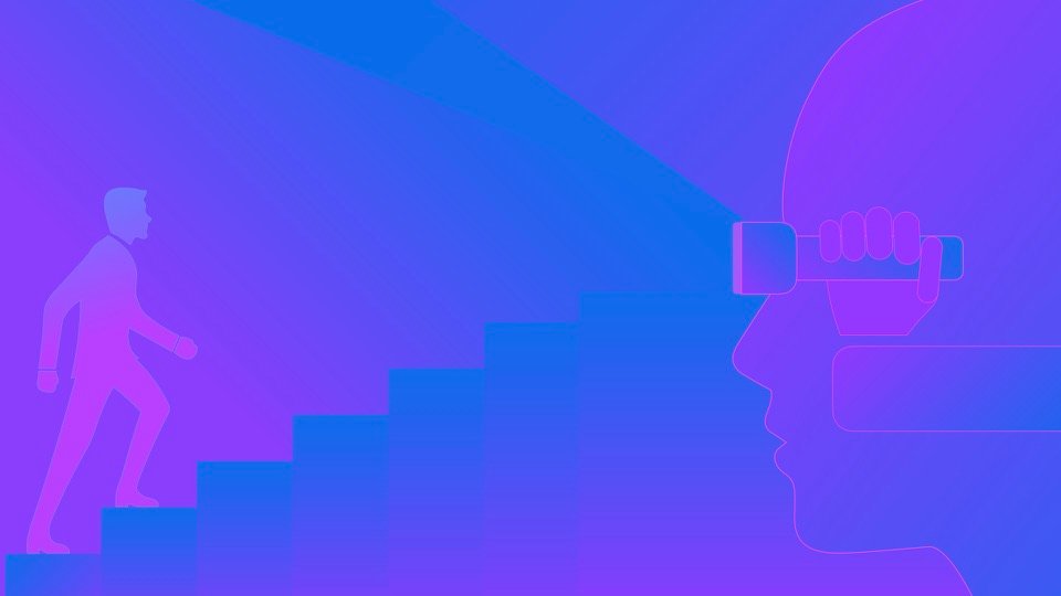 Transpersonal Image 33: A pink figure climbs blue and violet steps toward a projector held in front of a head profile.