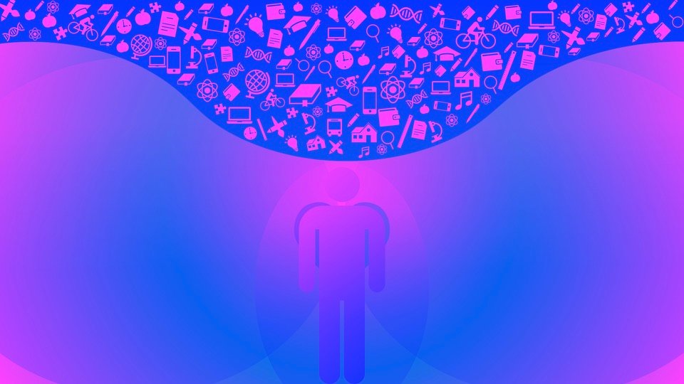 Transpersonal Image 34: A human silhouette stands below a deep curve filled with small pink symbols against violet and cyan light.