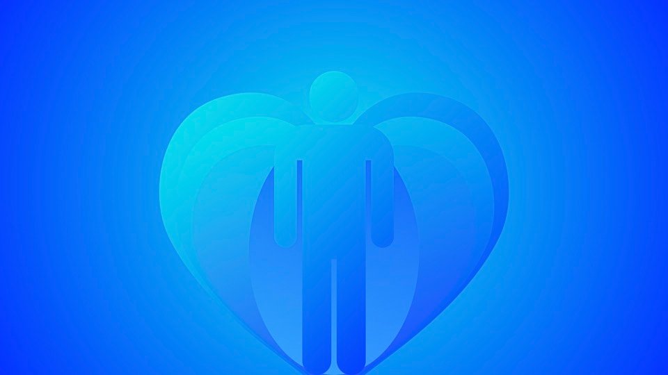 Transpersonal Image 35: A cyan human silhouette stands inside several overlapping blue and turquoise heart shapes.