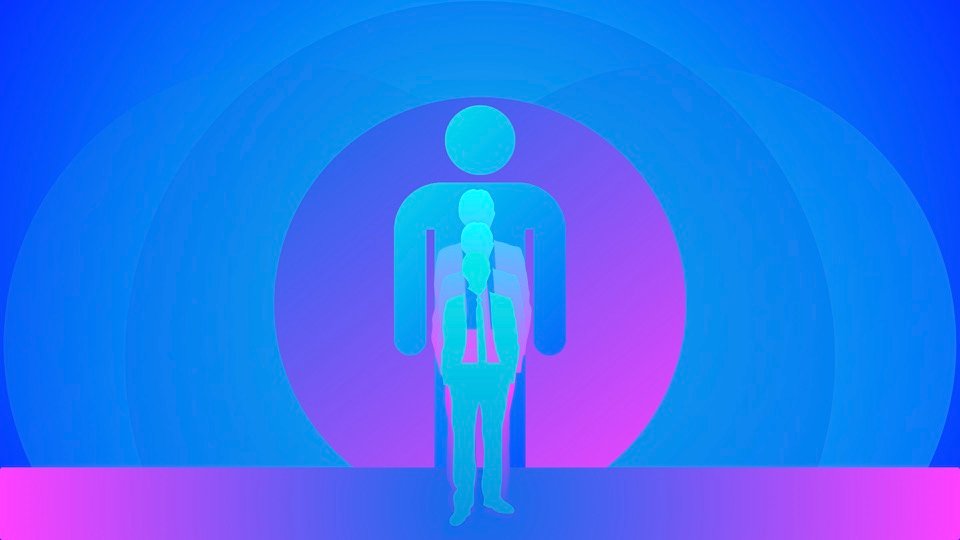 Transpersonal Image 36: Human silhouettes of different sizes nest within one another before a large blue and violet circle.
