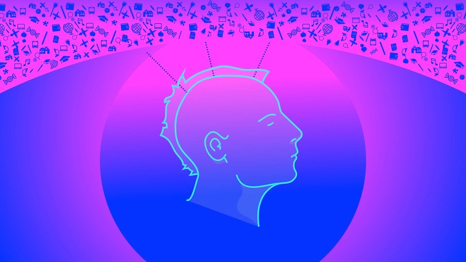 Transpersonal Image 37: Fine lines extend from an outlined child’s head inside a circle toward a band of small pink symbols.