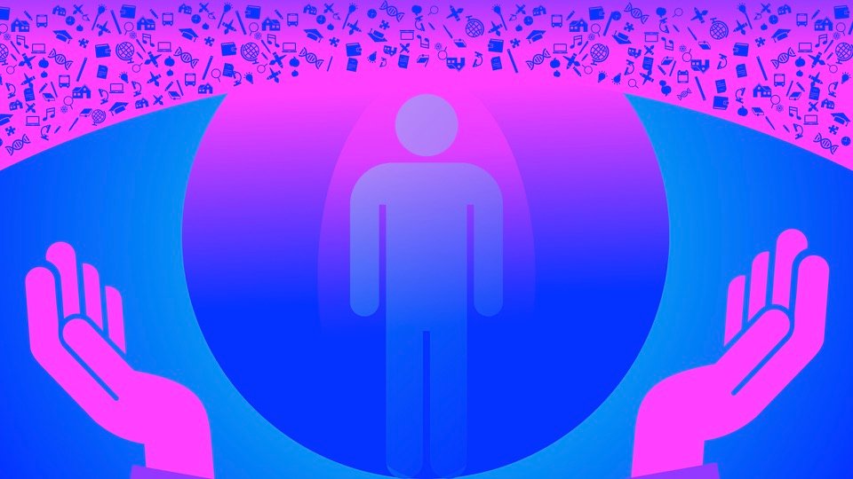 Transpersonal Image 39: Two raised pink hands frame a human figure inside a large blue circle under a band of small symbols.