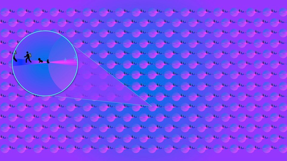 Transpersonal Image 41: Rows of small circular images fill the scene; a large magnifying circle on the left enlarges a line of human figures.