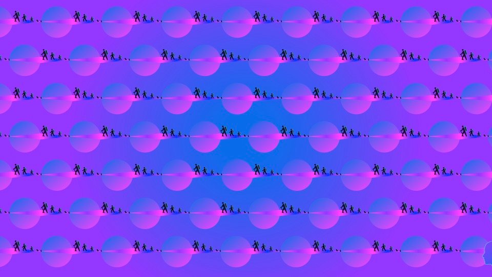 Transpersonal Image 42: A repeating grid of pink and blue circles contains small human silhouettes on a violet field.