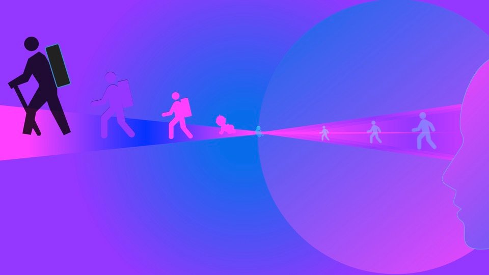 Transpersonal Image 43: Differently sized human figures move along a narrowing pink beam toward a head profile on the right.
