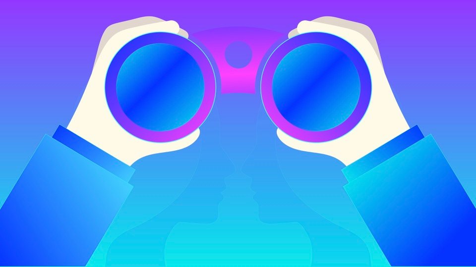 Transpersonal Image 44: Two pale hands hold blue and violet binoculars against a cyan and purple background.