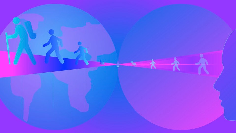 Transpersonal Image 45: Figures at different stages of size move across a beam between a globe and a head profile in overlapping circles.