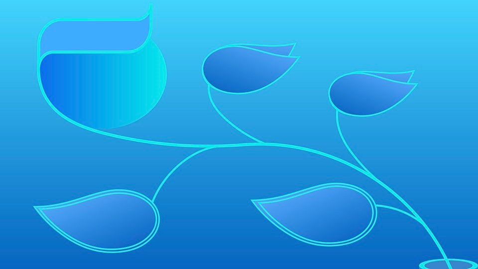 Transpersonal Image 47: A fine curving branch carries outlined blue and turquoise leaf-like shapes on a pale blue background.